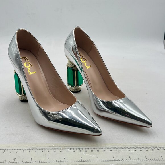 FSJ Silver Bridal Pointed Toe High Heel Crystal Pumps Slip on Wedding Shoes - Picture 4 of 8